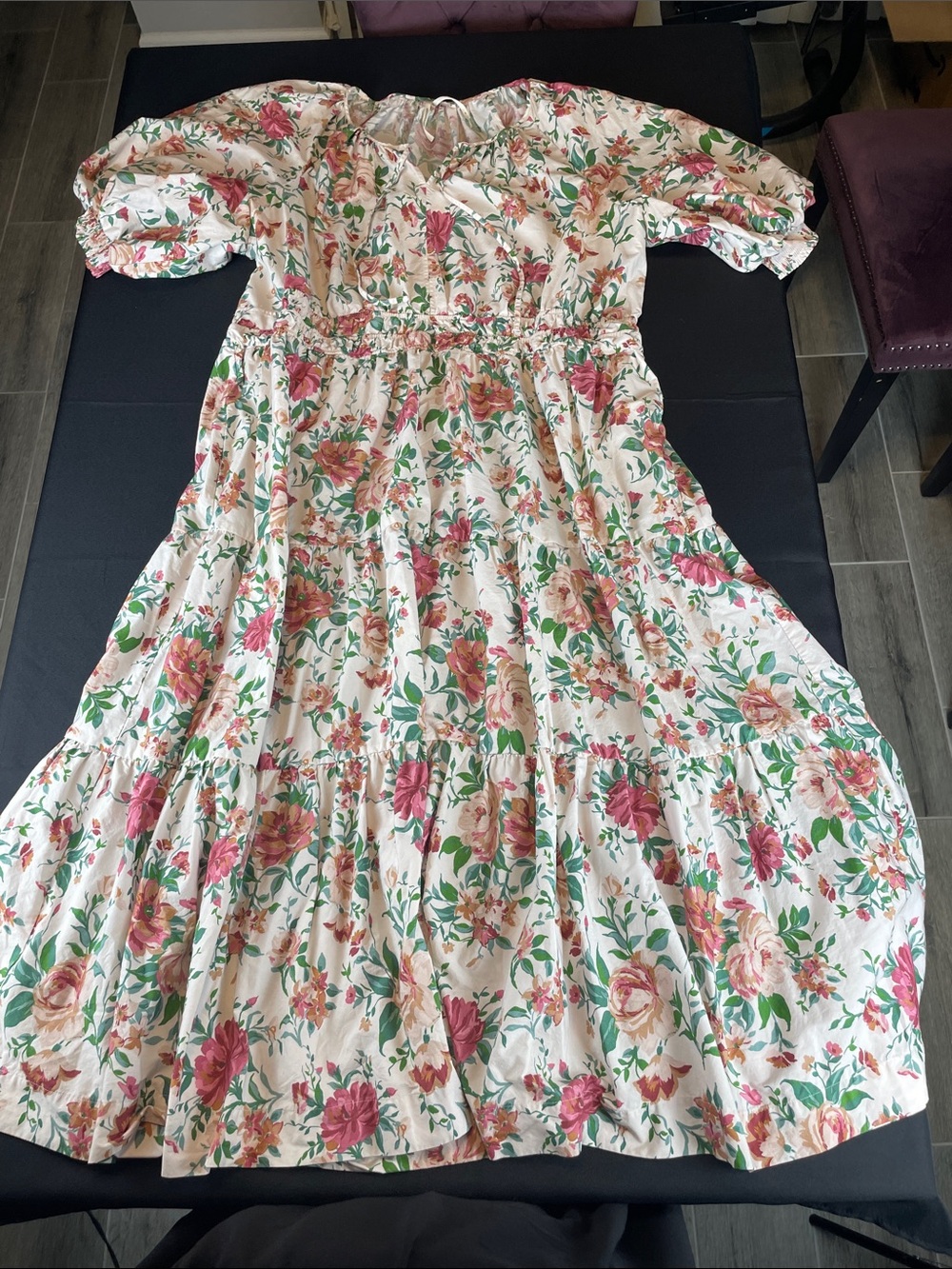 Somerset Puff-Sleeve Tiered Maxi Dress floral cream with Pink & Green 3x cotton
